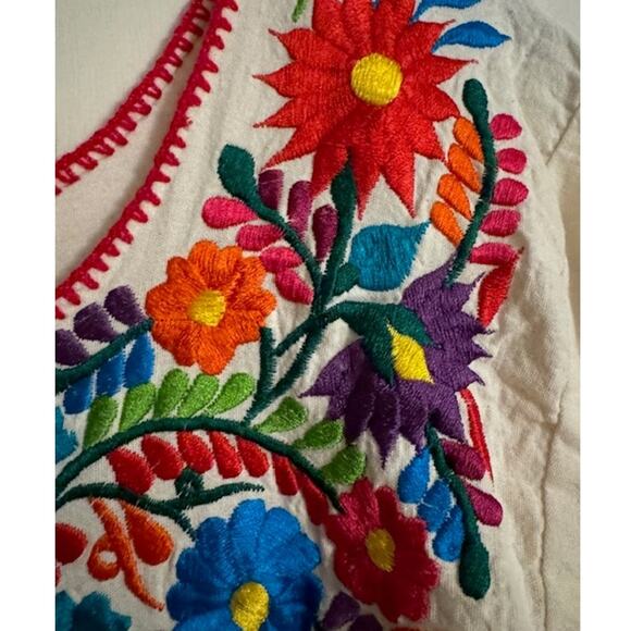 Vintage Mexican Floral Embroidered Flax Muslin Hemp Huipil Dress M - Picture 7 of 7